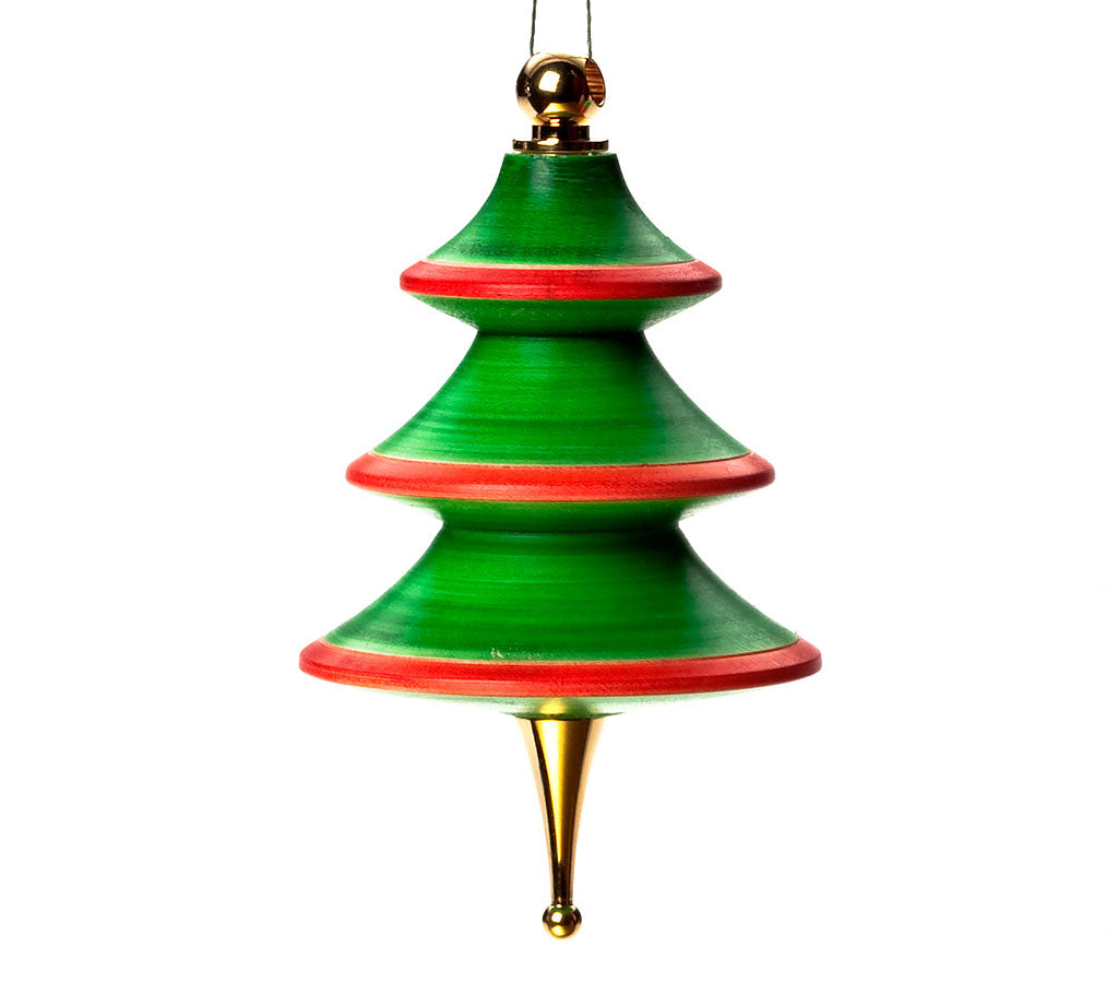 A turned christmas tree ornament dyed green with red accents and gold finials.