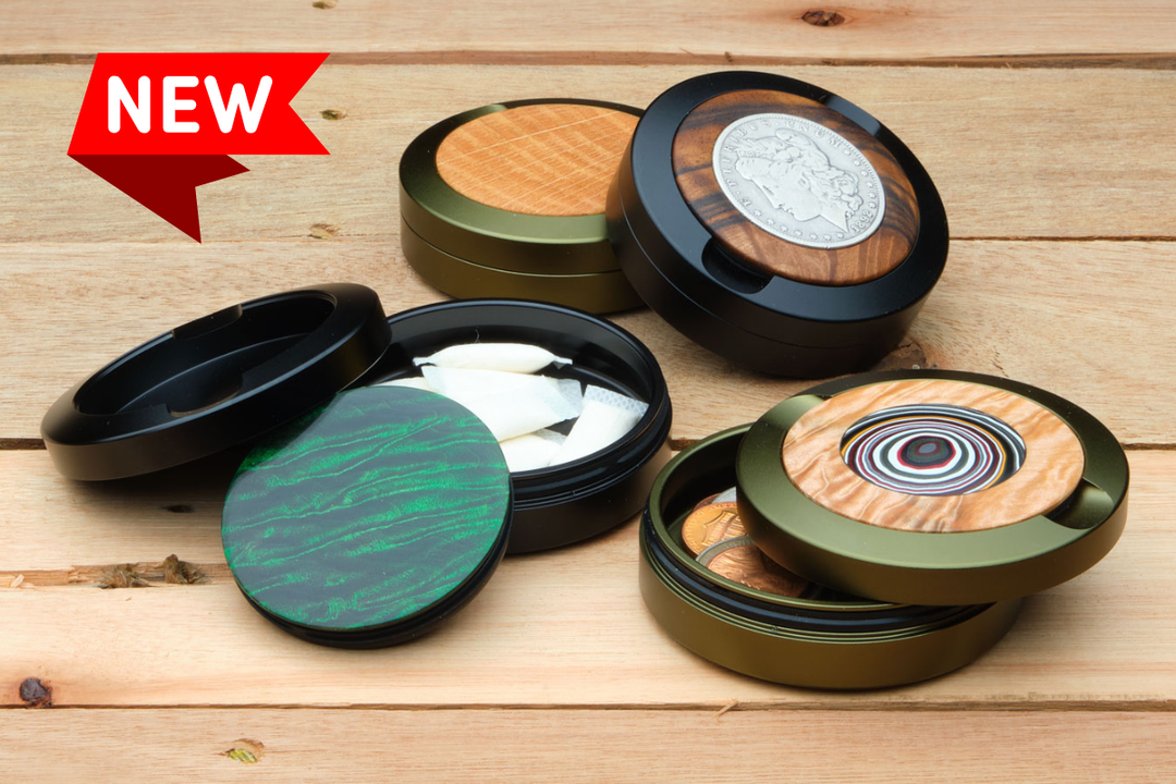 Aluminum pouch cases with turned wooden inserts