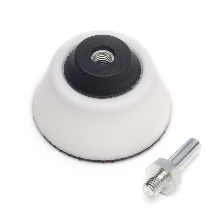 Sanding disc holder with arbor detached on a white background