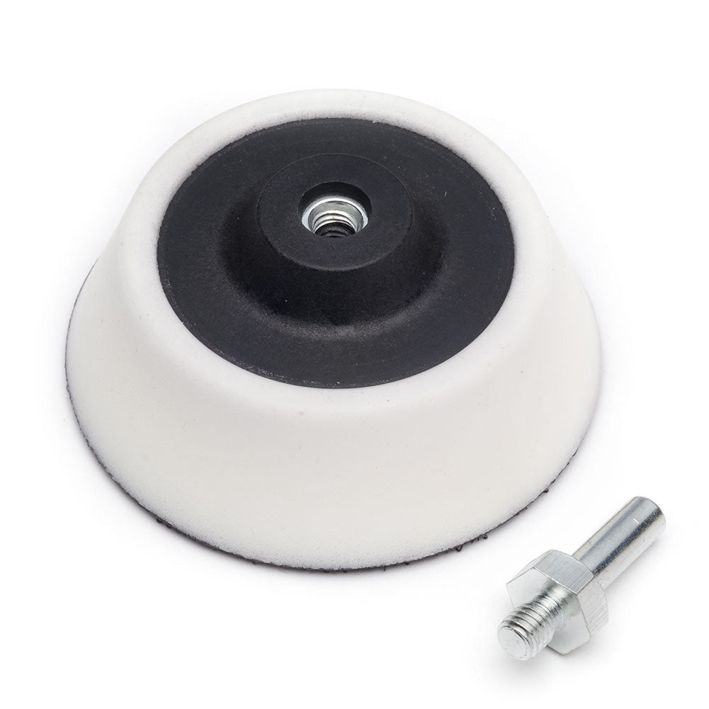 Sanding disc holder with arbor detached on a white background