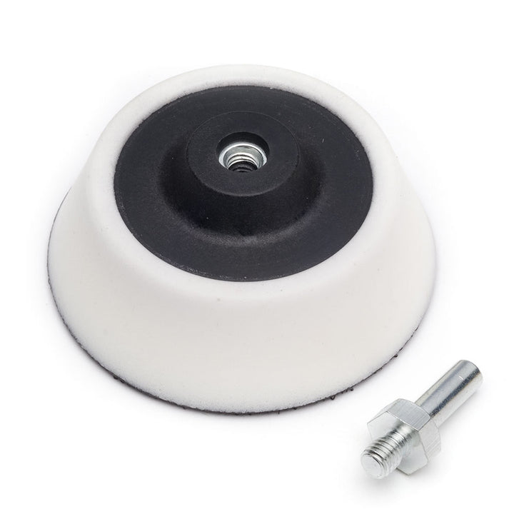 Sanding disc holder with arbor detached on a white background