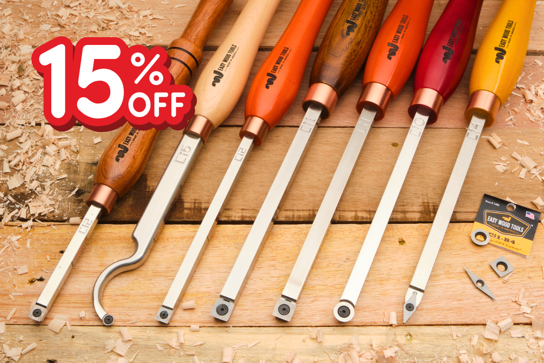 Set of Easy Wood Tools on a wooden surface with a 15% off discount label.