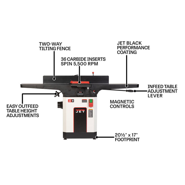 JET Black 8 Inch Helical Head Jointer 2 HP (JWJ-8HH-BLK)