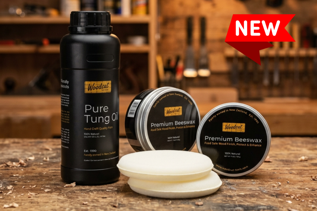 Woodut Pure Tung Oil, Premium Beeswax, and beeswax application pads on a wooden surface with a 'New' label.