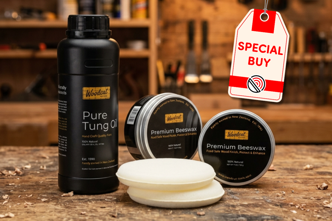 Woodut Pure Tung Oil, Premium Beeswax, and beeswax application pads on a wooden surface with a 'Special Buy' hang tag.
