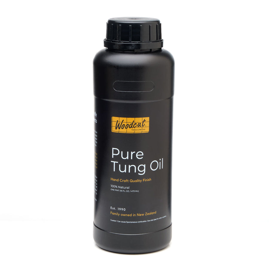 Black bottle of Woodcut Pure Tung Oil on a white background